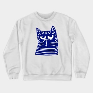 Blue and white cat head with grumpy face Crewneck Sweatshirt